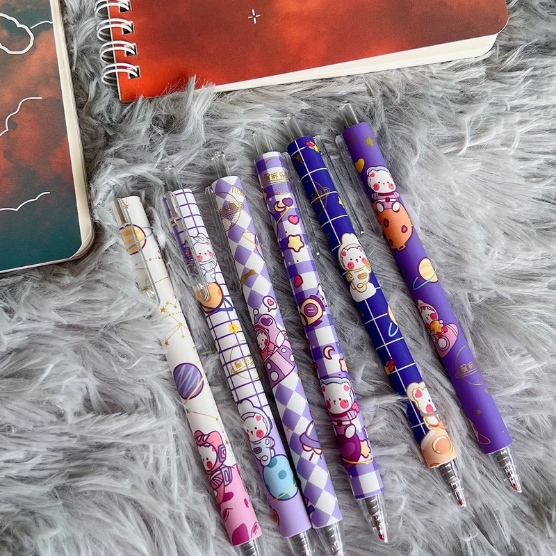 Bộ 6 Bút Mực Đen Dạng Nhấn Hình Chú Gấu Dễ Thương Cho Học Sinh Nữ