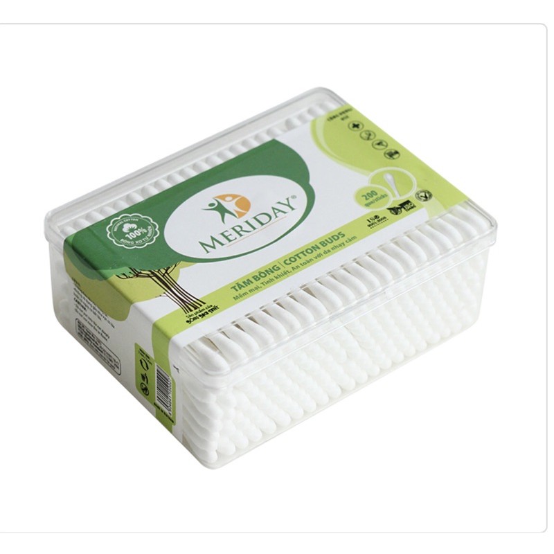 Tăm bông người lớn Bông Bạch Tuyết Meriday (vệ sinh, lấy ráy tai, trang điểm) - Hộp chữ nhật 200 que