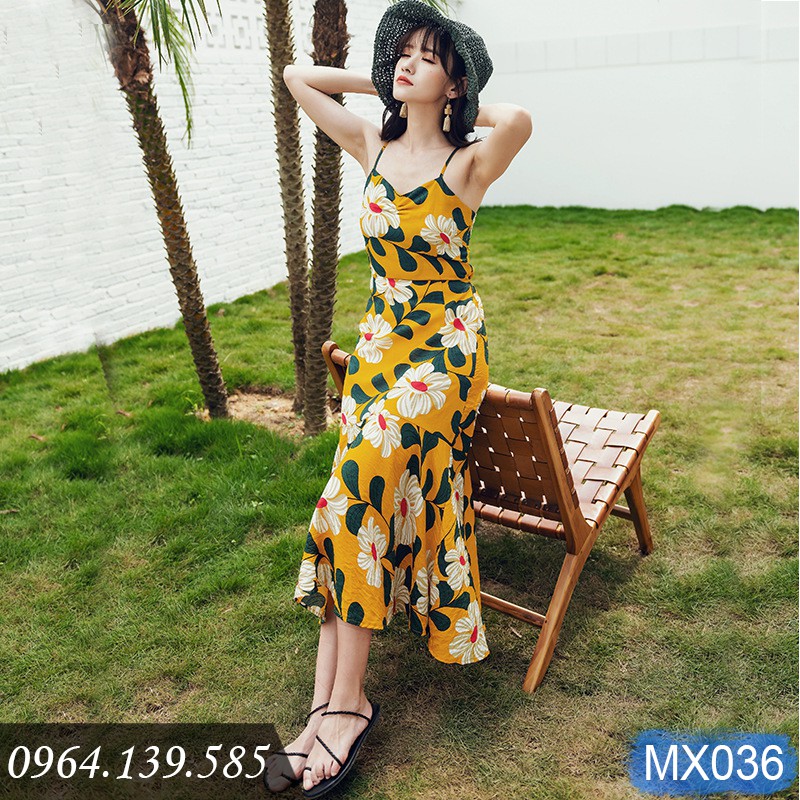 - Váy maxi 2 dây họa tiết hoa vàng xinh dễ mặc, đi biển, du lịch | MX036