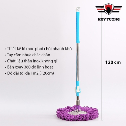 Cây lau nhà HUY TUONG chổi lau nhà tự vắt với đầu xoay 360 độ cán inox 120 cm