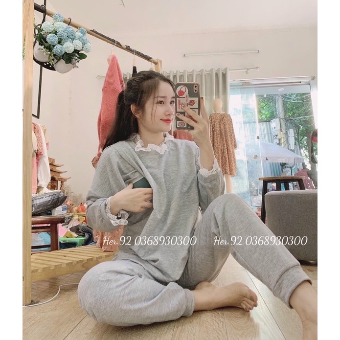 Bộ Cotton Da Cá Phối Ren Mặc Thu Đông Cho Bầu Và Sau Sinh
