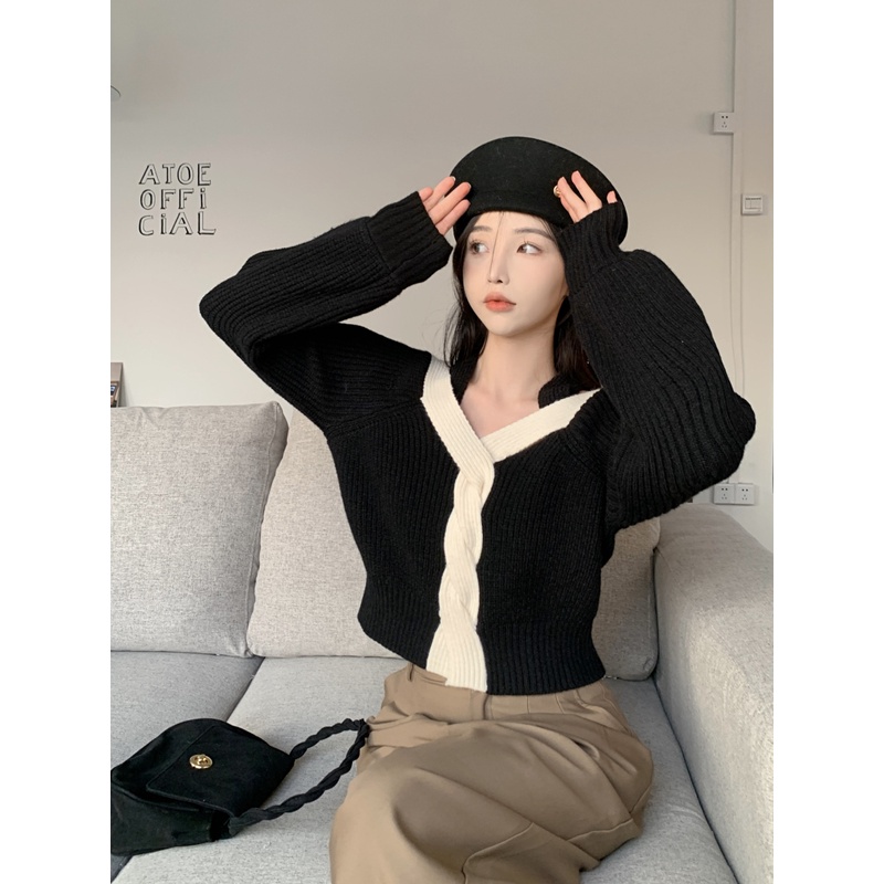 ZHELIHANGFEI Áo Len Tay Dài Cổ Chữ V Lưng Cao Phong Cách Quyến Rũ