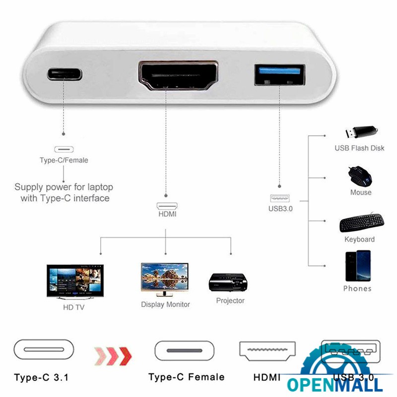 Bộ chuyển đổi 3 cổng OM Type C USB 3.1 - USB-C 4K HDMI USB 3.0 cho Apple Macbook