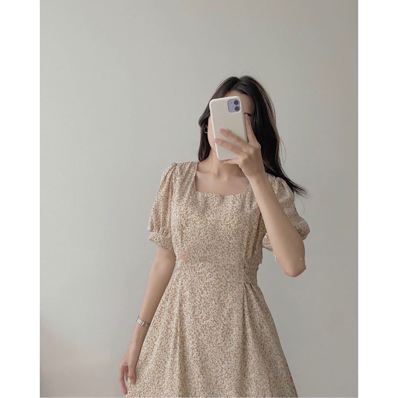 VAY HOA NHÍ CỘC TAY CỔ VUÔNG NƠ EO | BigBuy360 - bigbuy360.vn