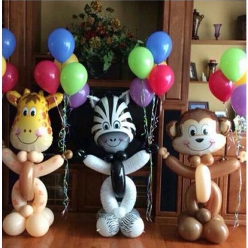 Set 10 bóng họa tiết da báo, hổ vằn, chó đốm, bò sữa, ngựa vằn trang trí sinh nhật chủ đề rừng xanh, động vật