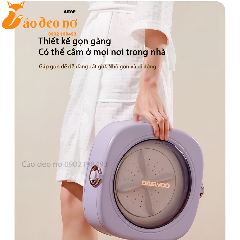 Máy Giặt Mini Gấp Gọn Daewoo Kèm Lồng Vắt & HDSD Tiếng Việt - Giặt Nước Nóng, Khử Khuẩn UV -  Cáo Đeo Nơ