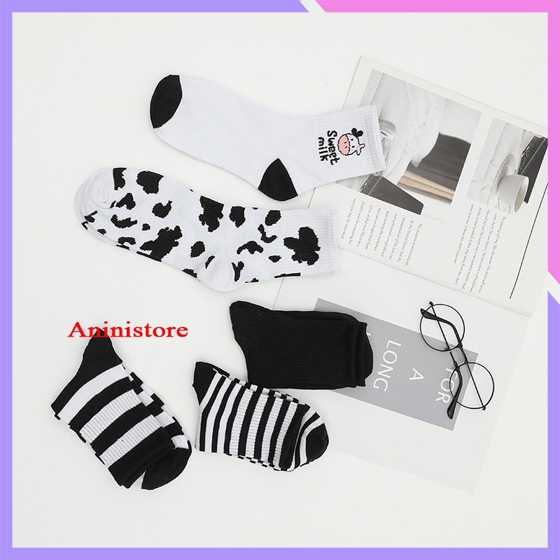 Tất cổ cao, vớ cổ cao nữ trắng họa tiết con bò sữa vải cotton co giãn phụ kiện thời trang xịn xò (TP 026 – Aninistore)