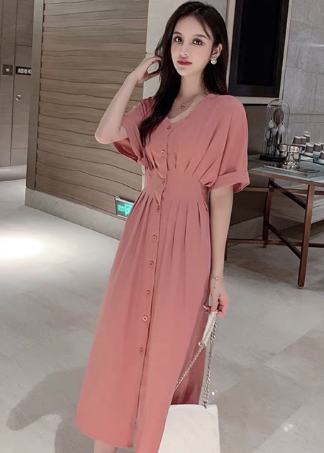 Đầm hồng ruốc xếp li form dài (kèm hình thật) | BigBuy360 - bigbuy360.vn