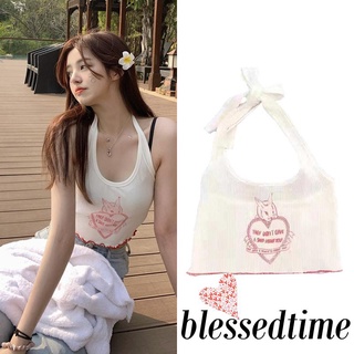 Áo croptop cổ chữ U in họa tiết trái tim/thỏ dễ thương thời trang mùa hè cho nữ