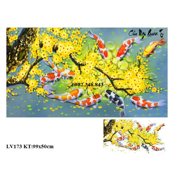 Tranh gắn đá cá cửu ngư quần hội KT:99x50cm. Tranh đính đá chưa đính.