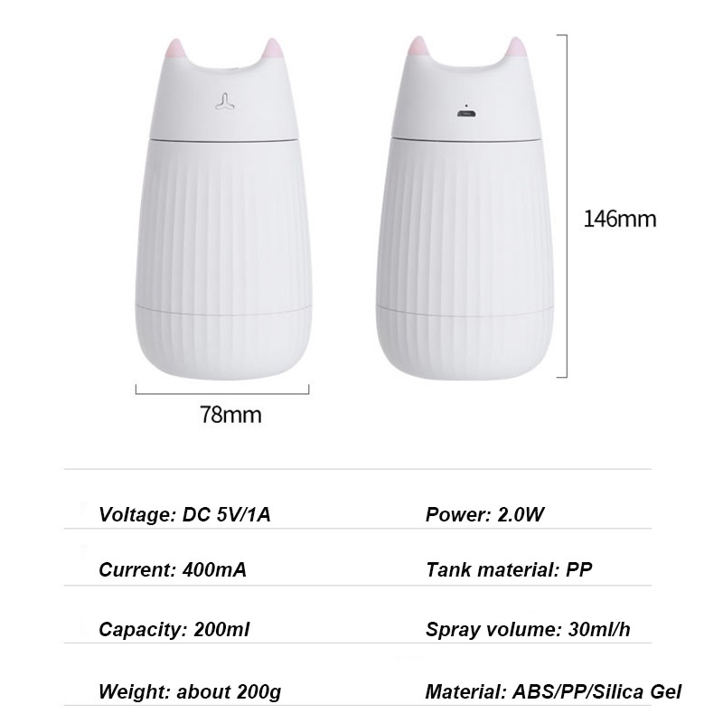 Máy tạo ẩm không khí Fnelse hình mèo dễ thương dung tích 200ml nhỏ gọn tiện dụng
