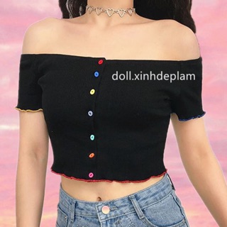 Có sẵn - Croptop ulzzang hở vai nút màu - size S, L