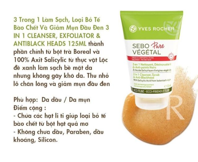 Mẫu mới sữa rửa mặt 3 trong 1 Làm Sạch, Loại Bỏ Tế Bào Chết Và Giảm mụn đầu đen sebo pure yves rocher 125ml