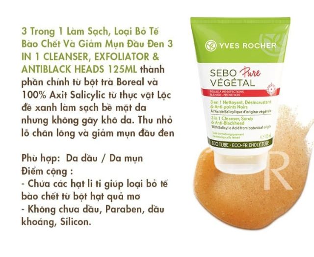 Sữa rửa mặt 3 trong 1 Làm Sạch, Loại Bỏ Tế Bào Chết Và Giảm mụn đầu đen sebo pure yves rocher 125ml