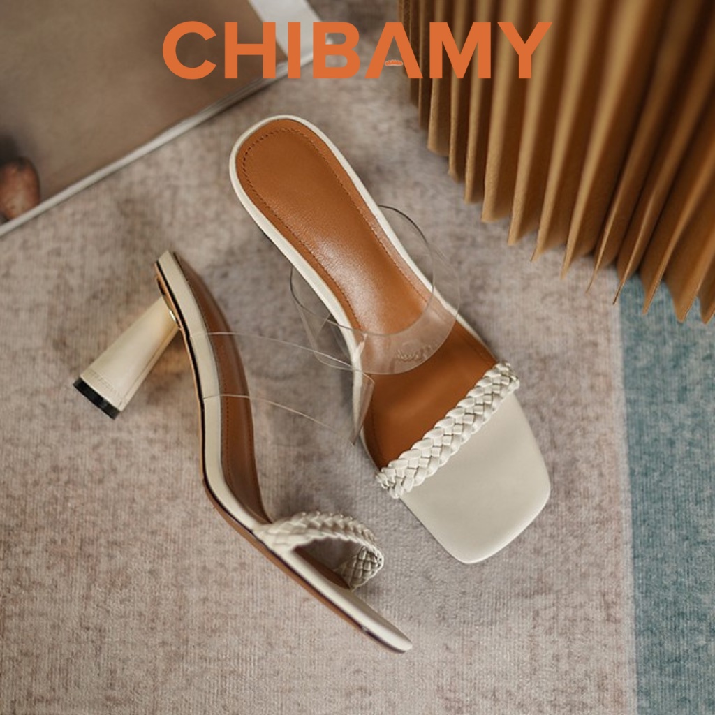 Sandal nữ gót Tháp Trụ Tròn bọc đồng cao cấp cao 7cm, kết hợp quai tết mảnh và quai trong hiệu CHIBAMY