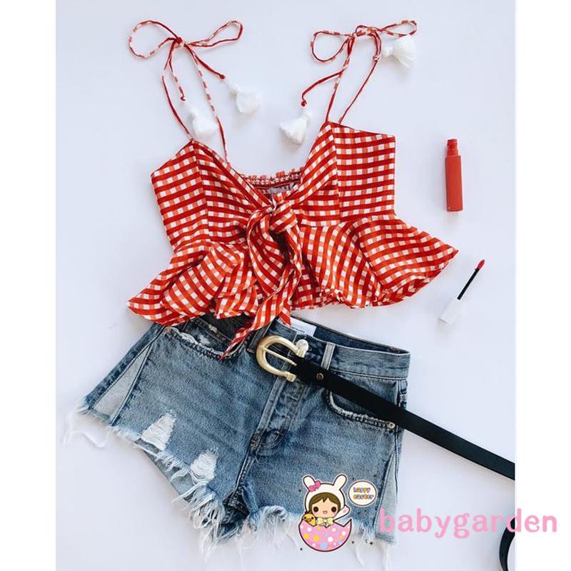 Bộ Đồ 2 Món Thời Trang Mùa Hè Áo Không Tay Viền Bèo + Quần Short Denim Rách Cho Bé Gái