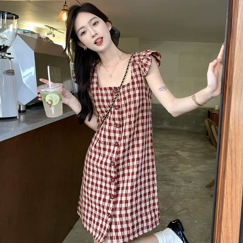 Đầm voan ngắn tay họa tiết ca rô xinh xắn đáng yêu hợp thời trang dành cho nữ