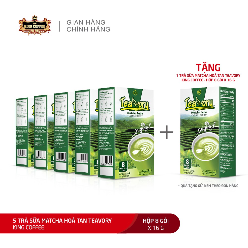 Combo 6 Trà Sữa Matcha Hòa Tan Teavory KING COFFEE - Hộp 8 gói x 16g