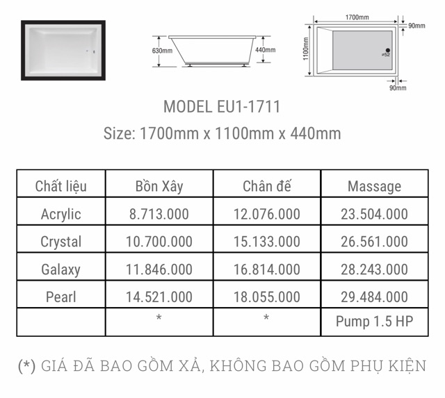 BỒN TẮM ĐÔI EUROCA  - MODEL EU1 - 1711 - BẢO HÀNH 3 NĂM