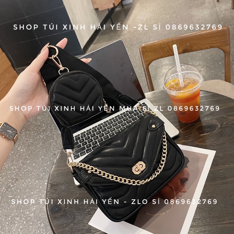 túi đeo chéo sét đôi siêu xinh, trần chỉ chéo xương cá khoá xoay