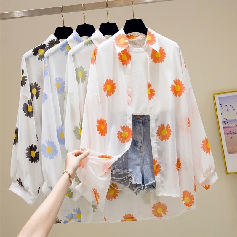 Áo Sơ Mi Voan Mỏng Dáng Rộng Họa Tiết Hoa Cúc Xinh Xắn Thời Trang