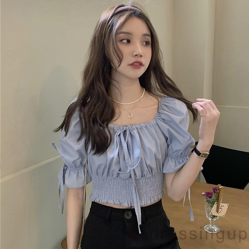 Áo Thun Tay Ngắn Phồng Ngắn Màu Trơn Có Dây Buộc Dành Cho Nữ