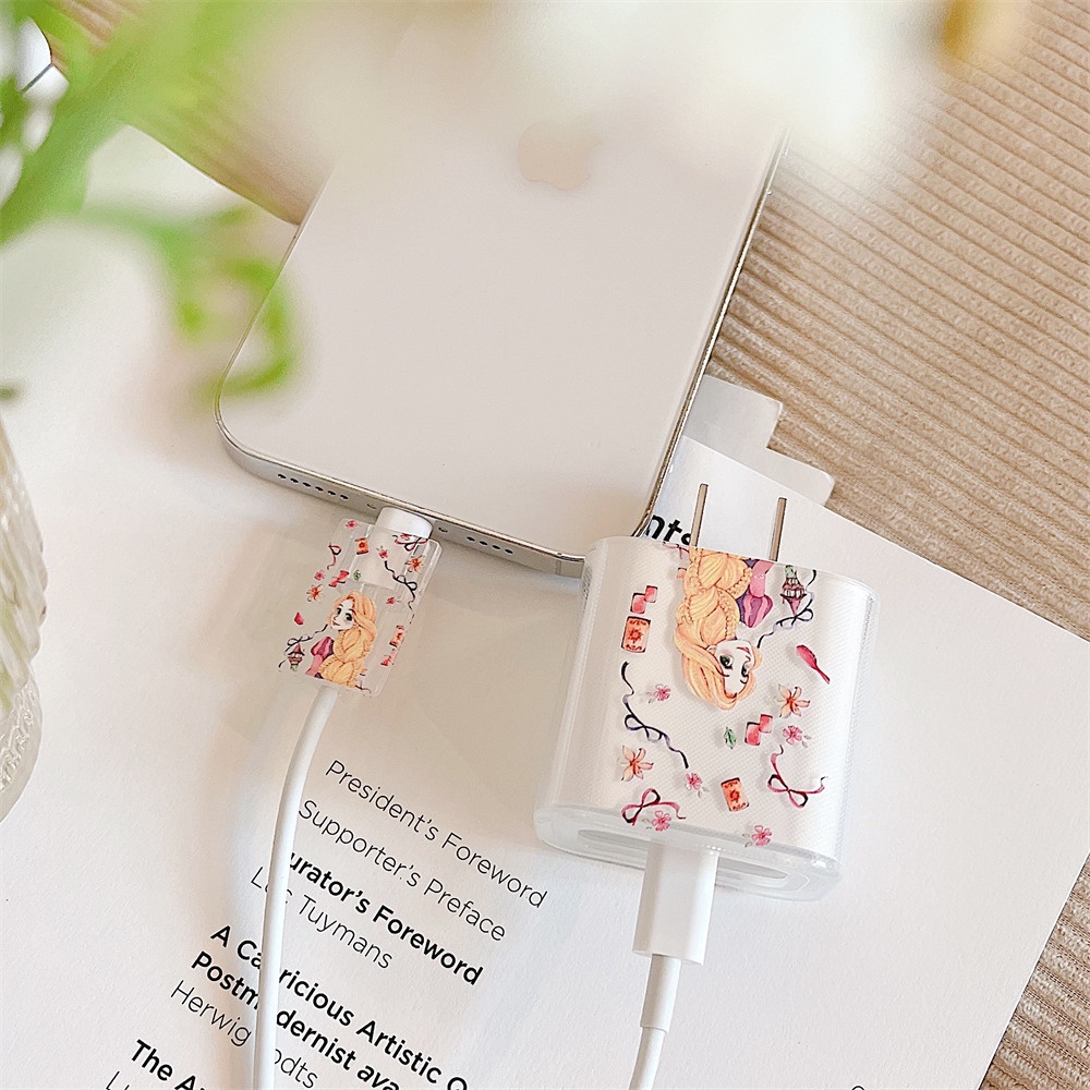 DISNEY Bộ 2 Phụ Kiện Bảo Vệ Đầu Sạc USB 20W + Dây Điện Chống Trầy Xước Hình Công Chúa Elsa Frozen Anna Aurora Ốp