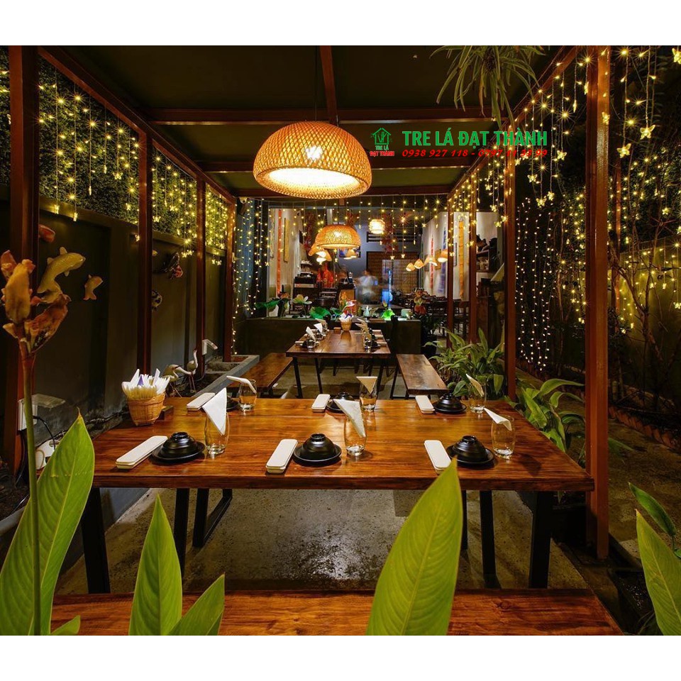 Đèn tre nón 2 lớp, đèn tre trang trí, đèn mây tre trang trí khách sạn nhà hàng