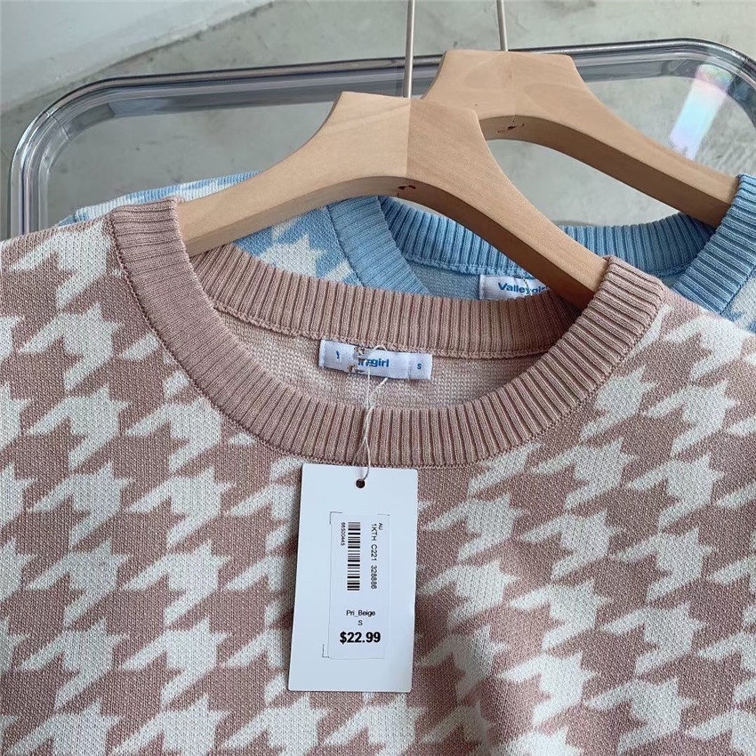 Áo len tay dài cổ tròn họa tiết Houndstooth phong cách Hàn Quốc