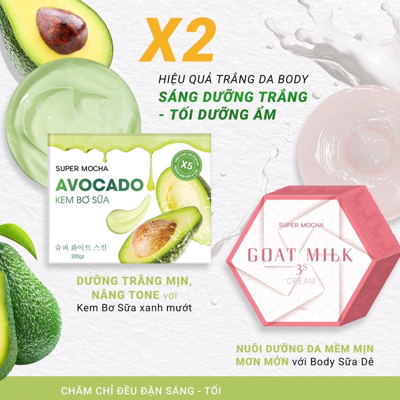 Combo Kem Bơ Sữa + Body Sữa Dê SUPER MOCHA - Bộ đôi dưỡng trắng ,dưỡng mịn siêu hấp dẫn