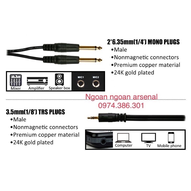 dây 3.5 ra 2 đầu 6 ly(6.35ly) mono hàng chất lượng