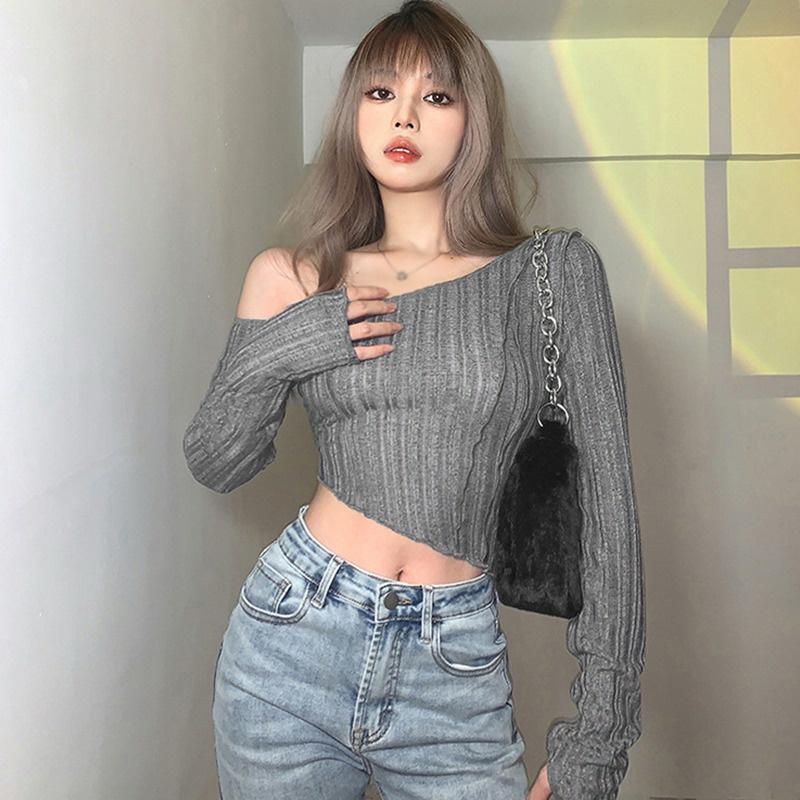 Áo Croptop Tay Dài Hở Vai Dáng Ôm Thời Trang Quyến Rũ Cho Nữ