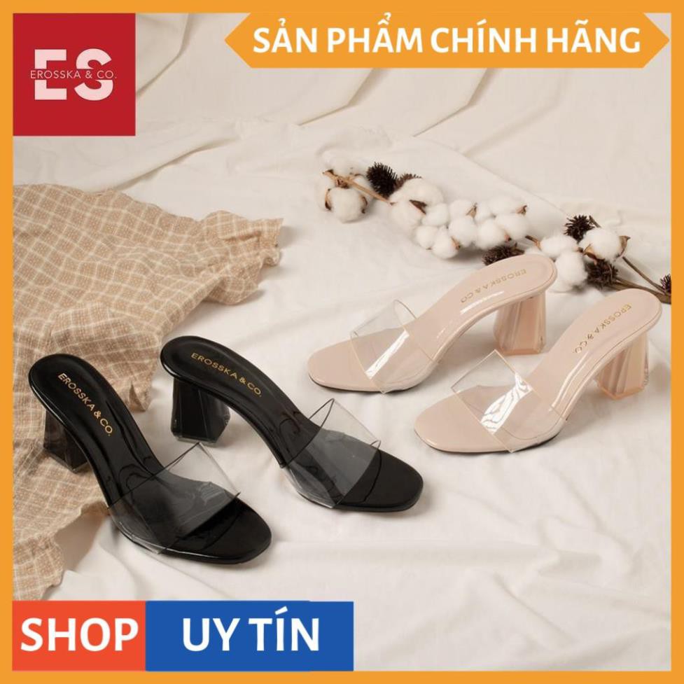 Dép mule cao gót quai trong Erosska thời trang mũi vuông gót trong cao 9cm màu nude _ EM040 | BigBuy360 - bigbuy360.vn