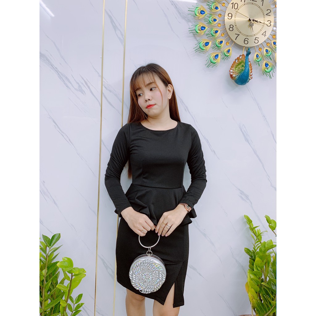 Đầm công sở peplum cổ tròn tay dài
