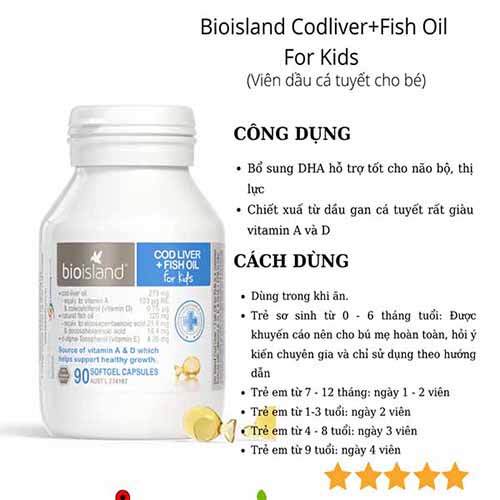 Viên dầu cá tuyết cho bé Bioisland COD Liver + Fish Oil for Kids