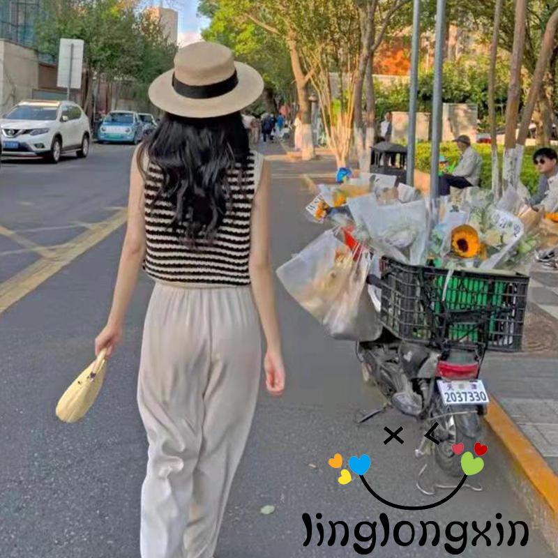 Áo Ba Lỗ Vải Dệt Kim Khoét Rỗng Rộng Họa Tiết Sọc Tương Phản 2-Áo Nữ
