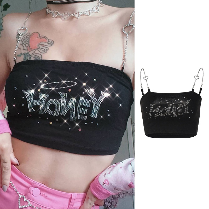 Brroa Áo Croptop Dây Xích Trái Tim Đính Đá Chữ Cái Không Tay Cho Nữ