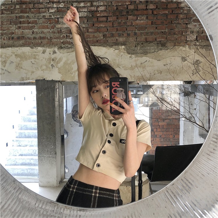 Áo Sơ Mi Ngắn Tay Dáng Ôm Phong Cách Retro Thời Trang