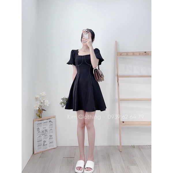 Đầm đen cổ U viền ren tay bồng dáng xoè ngắn chạy chỉ [hình chụp thật]