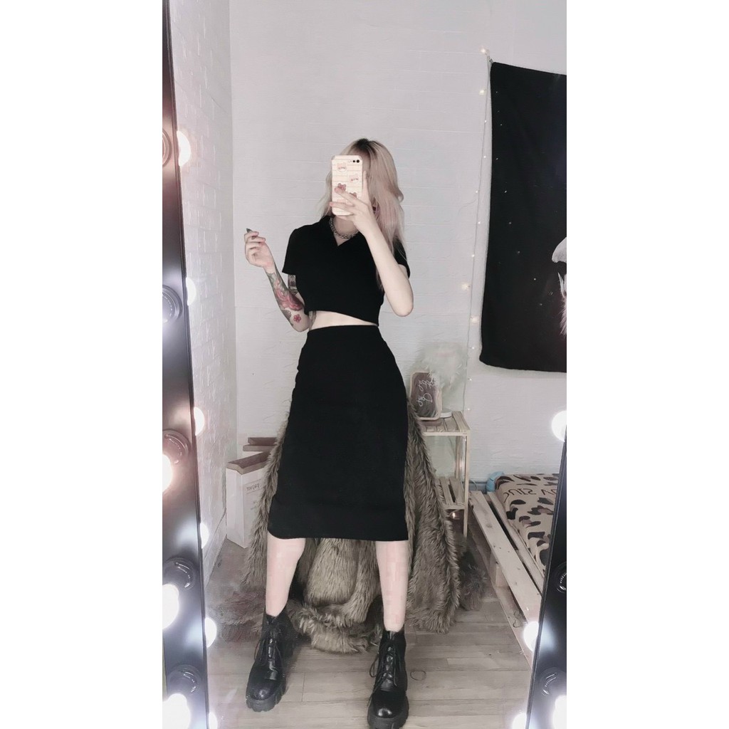 Sét bộ áo croptop cổ bẻ trơn phối chân váy dài body cực xinh , chất thun bozip mềm mịn