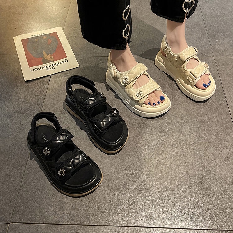 Giày Sandal Thể Thao Mùa Hè Đế Mềm Dày Dặn Cao Gót 2022 Có Khóa Dán Phong Cách Thể Thao Thời Trang Cho Nữ