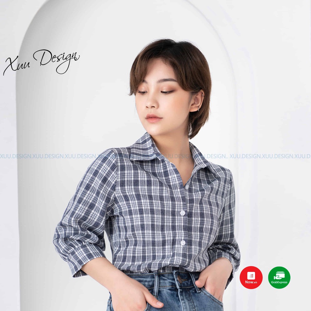 Áo sơ mi nữ kẻ caro Xuu, chất vải kate thiết kế tay lỡ trẻ trung Xu02