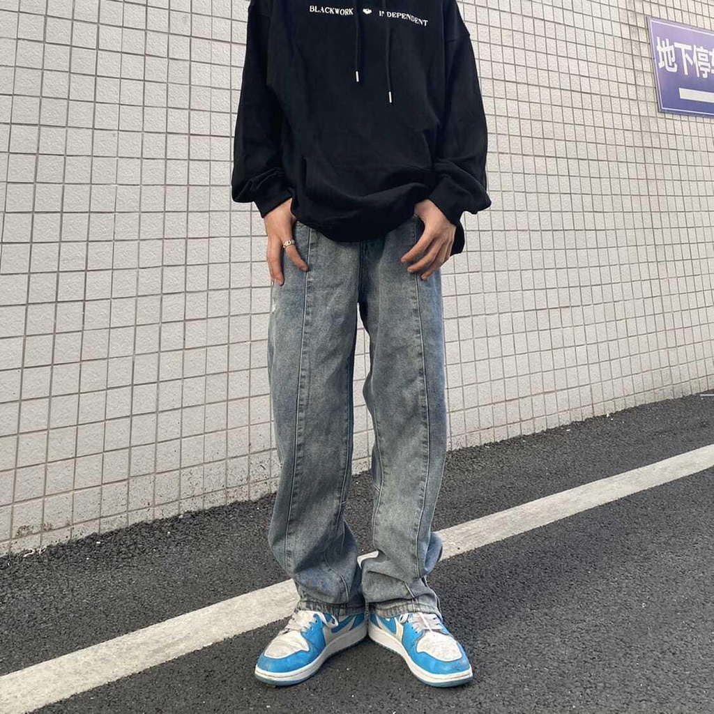 Quần Jeans ống rộng xẻ tà thêu họa tiết phong cách hip hop cho nam