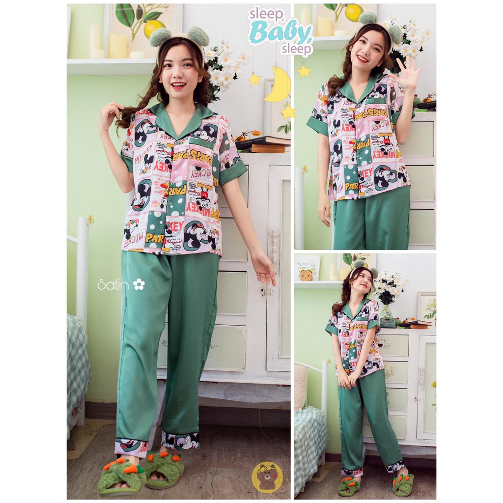 Đồ Bộ Pijama Satin TNQD Phối túi Hoạt hình-Quần Trơn