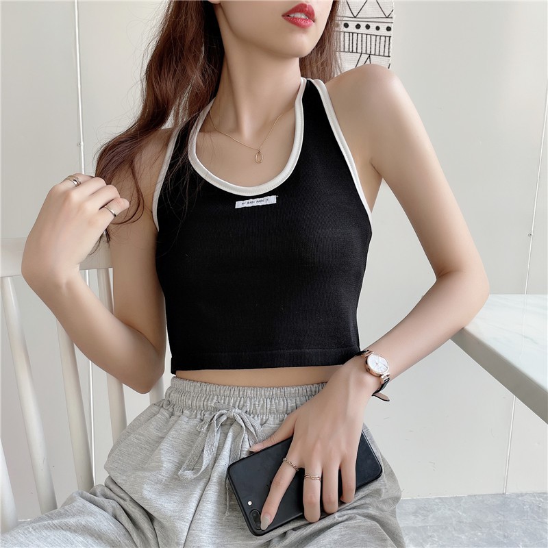 Áo croptop cổ yếm hở lưng phối viền đen trắng basic ôm body chất dệt kim cao cấp -ACN28