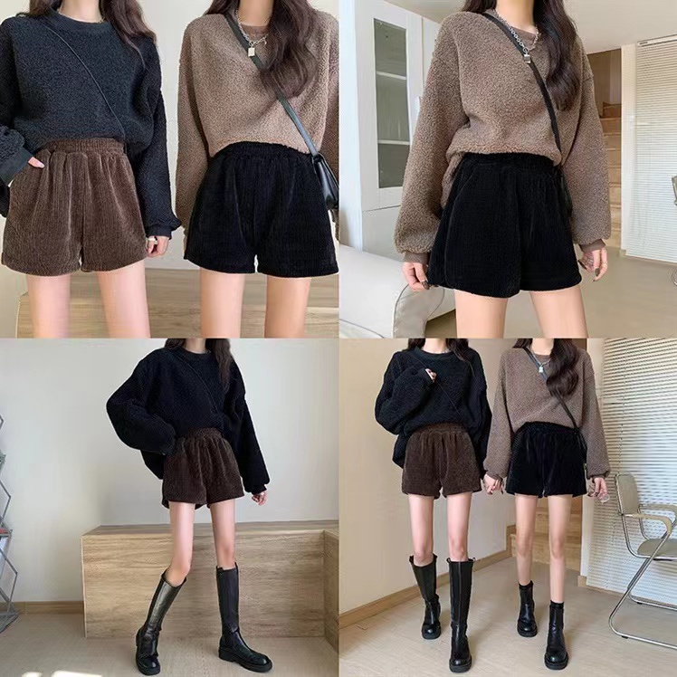 SUXI Quần Short Nhung Kẻ Lưng Cao Phong Cách Thời Trang Hàn Quốc Mới