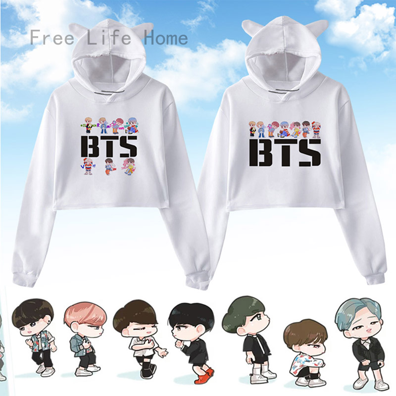 Áo Croptop Tay Dài Hoạ Tiết Tai Mèo Hoạt Hình Bts