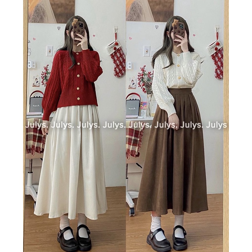 Chân váy xếp li dáng dài vintage form xòe chất kaki 2 da chuzme