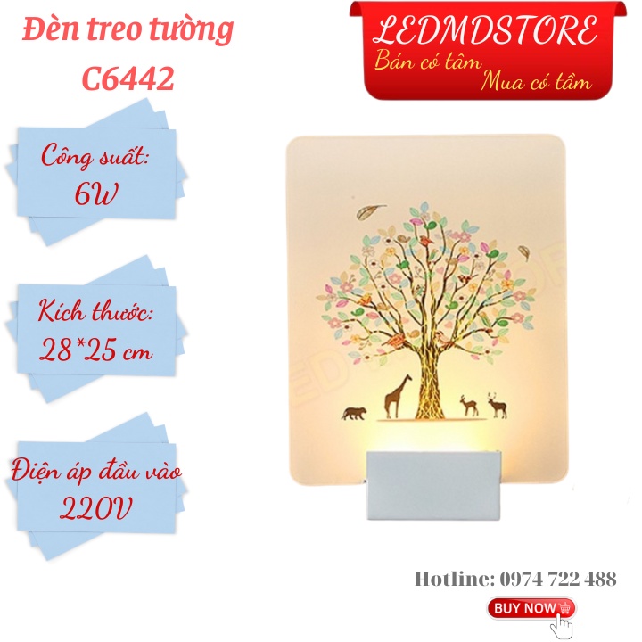 Đèn gắn tường trang trí phòng ngủ C6442 6W, sáng vàng, ảnh đèn sơn phủ nano siêu bền, bảo hành 12 tháng