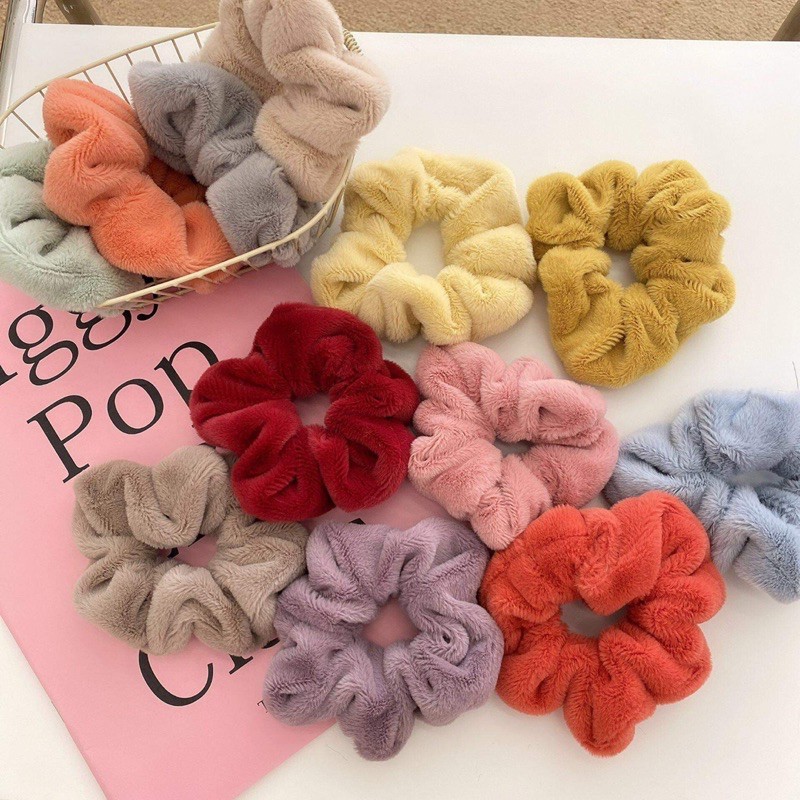 Chun cột tóc Scrunchies lông mầu ấm áp